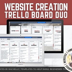 May include: A computer screen displaying a Trello board with the title "Website Creation Trello Board Duo". The board is divided into sections such as "Getting Started", "Website Purpose", "Research & Inspiration", "Development Basics", and "Website Design & Layout". Each section contains cards with tasks related to website creation.