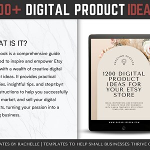 May include: A digital product guide for Etsy sellers, featuring a tablet screen displaying the title "1200 Digital Product Ideas for Your Etsy Store". The guide offers ideas, inspiration, and strategies to elevate your Etsy business with Canva templates, Etsy store templates, and more.