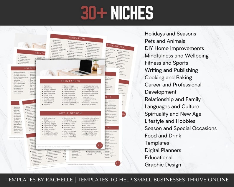 May include: A list of over 30 business niches for creating printable templates. The niches include holidays and seasons, pets and animals, DIY home improvements, mindfulness and wellbeing, fitness and sports, writing and publishing, cooking and baking, career and professional development, relationship and family, languages and culture, spirituality and new age, lifestyle and hobbies, season and special occasions, food and drink, templates, digital planners, educational, and graphic design.