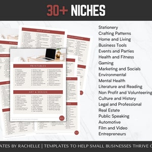 May include: A list of over 30 business niches for creating printable templates. The niches include hobbies, education, art and design, development, stationery, crafting patterns, home and living, business tools, events and parties, health and fitness, gaming, marketing and socials, environmental, mental health, literature and reading, non-profit and volunteering, culture and history, legal and professional, real estate, public speaking, automotive, film and video, and entrepreneurs. The text "TEMPLATES BY RACHELLE | TEMPLATES TO HELP SMALL BUSINESSES THRIVE ONLINE" is at the bottom of the image.