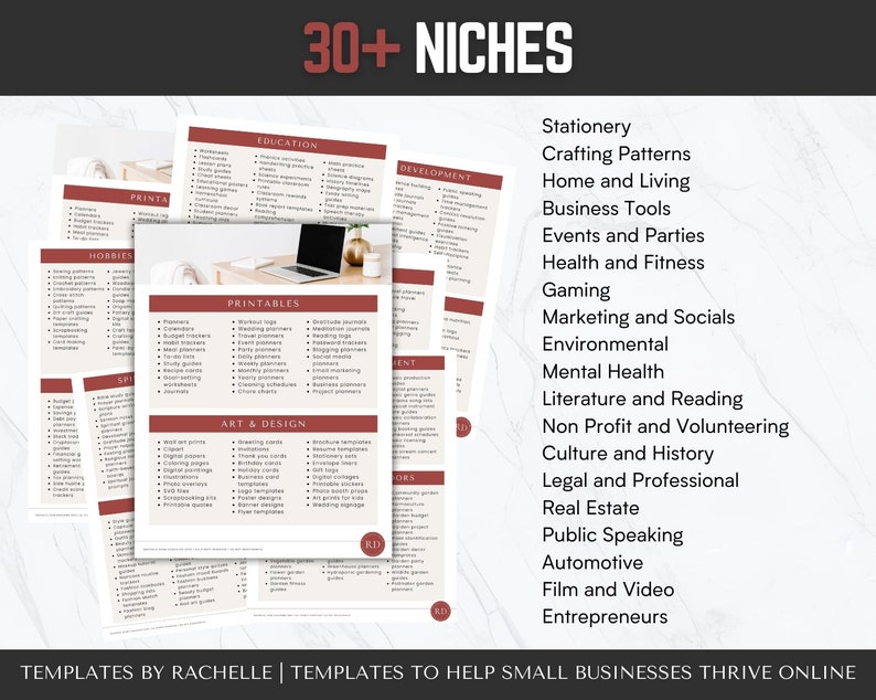 May include: A list of over 30 business niches for creating printable templates. The niches include hobbies, education, art and design, development, stationery, crafting patterns, home and living, business tools, events and parties, health and fitness, gaming, marketing and socials, environmental, mental health, literature and reading, non-profit and volunteering, culture and history, legal and professional, real estate, public speaking, automotive, film and video, and entrepreneurs. The text "TEMPLATES BY RACHELLE | TEMPLATES TO HELP SMALL BUSINESSES THRIVE ONLINE" is at the bottom of the image.