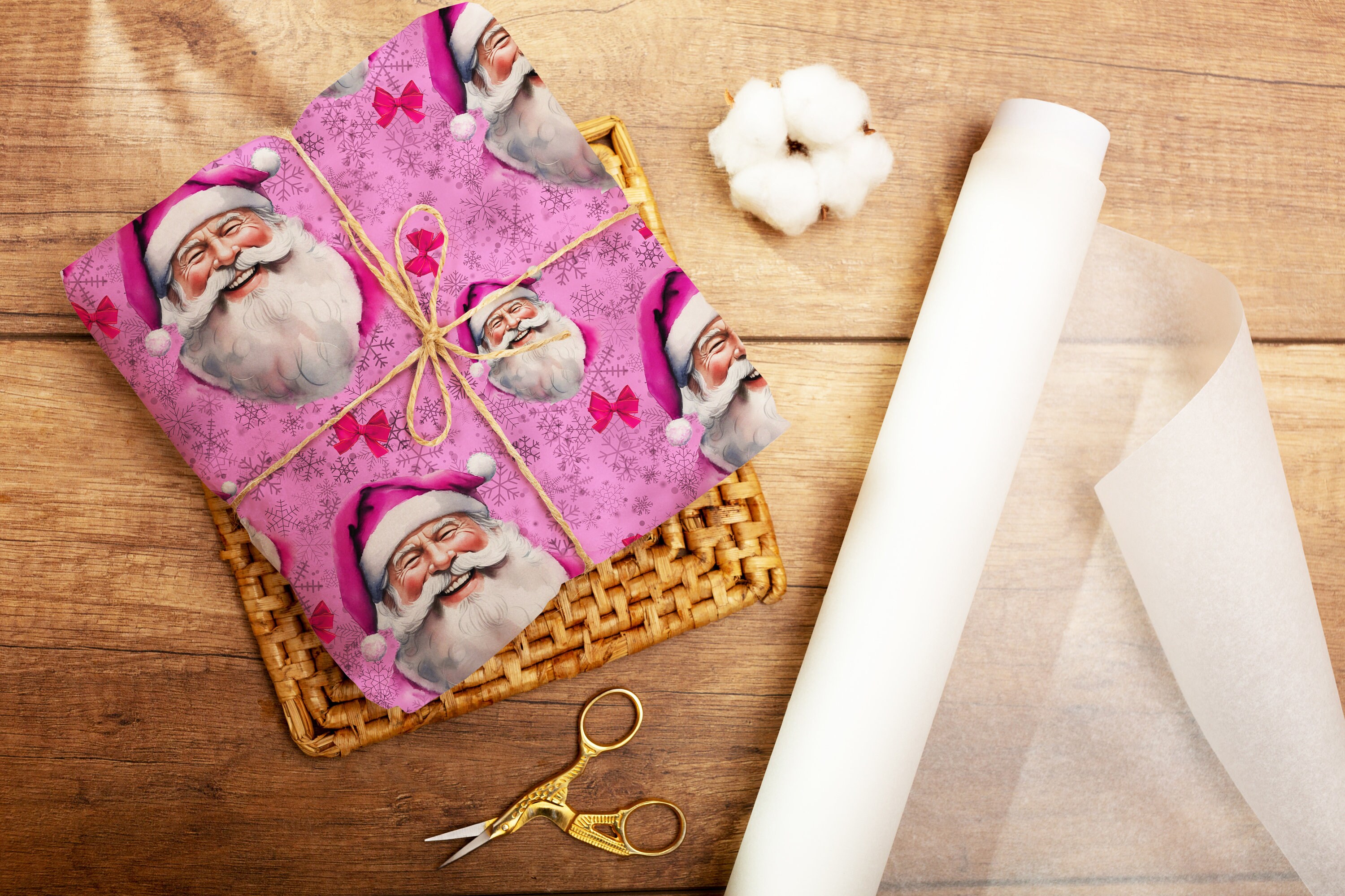 Boho Santa Wrapping Paper, Pink Santa Holiday Gift Wrap, Cute Boho Santa  Gift Wrap, Kids Wrapping Paper, Boho Christmas, Pink Christmas 