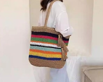 Multi Colour Striped Woven Bag, Tote Large Beach Bag, Colorful and Natural, Hand Woven bag, Beach bag, Cute handmade shoulder bag IndieArt