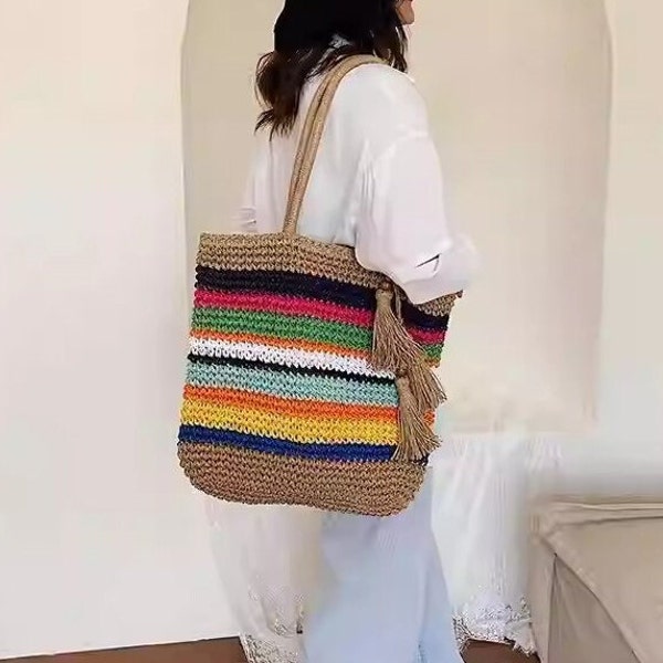 Multi Colour Striped Woven Bag, Tote Large Beach Bag, Colorful and Natural, Hand Woven bag, Beach bag, Cute handmade shoulder bag IndieArt