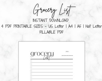 Simple Minimalistic Printable Grocery List, Productivity Planner, Ingredients List, Fillable PDF and Printable Letter/A4/A5/Half Letter