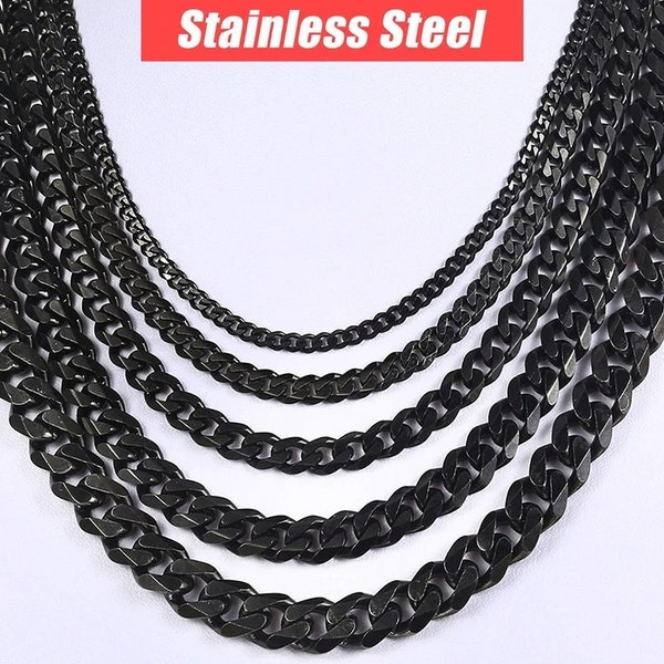 Black Necklace | Stainless Steel Black Curb Cuban Link Chain Necklace | Black Necklace For Men and Women | Gift For Him | Mens Black Chains