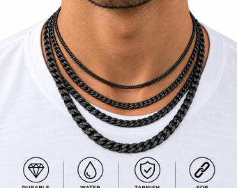 May include: A set of four layered black metal chain necklaces worn around the neck. Below the chains are four circular icons with text: Durable & Strong, Water Resistant, Tarnish Resistant, and For Daily Wear.