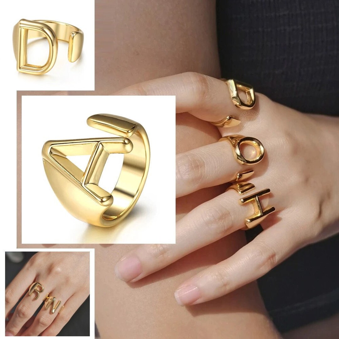 18k Gold Filled Chunky Initial Rings Initials Letter Adjustable Rings A