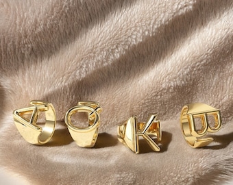 18k Gold Plated Initial Ring , Chunky Adjustable Stainless Steel