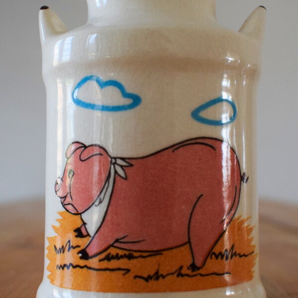 Milk Canister Jug Crackle style made of Ceramic with Pig drawing