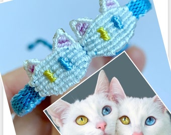 Customized Adjustable Hand Woven Different Pupils White Cat Twins Bracelet - Personalized Bracelet - Kitten Lover Bracelet