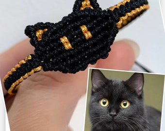 Adjustable Hand Woven Pixel Style Golden-eyed Black Cat Head Bracelet - Hand Braided Bracelet - Personalized Bracelet -kitten lover bracelet