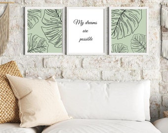 Set of 3 Positive Affirmation Wall Art, Green Leaves Wall Art, Inspirational Quotes Wall Art, Dreams Are Possible Print, Aesthetic Green Art