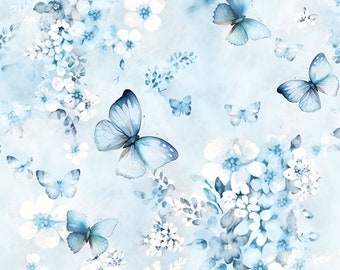 Premium 100% cotton satin/high quality cotton fabric/blue flowers and butterflies