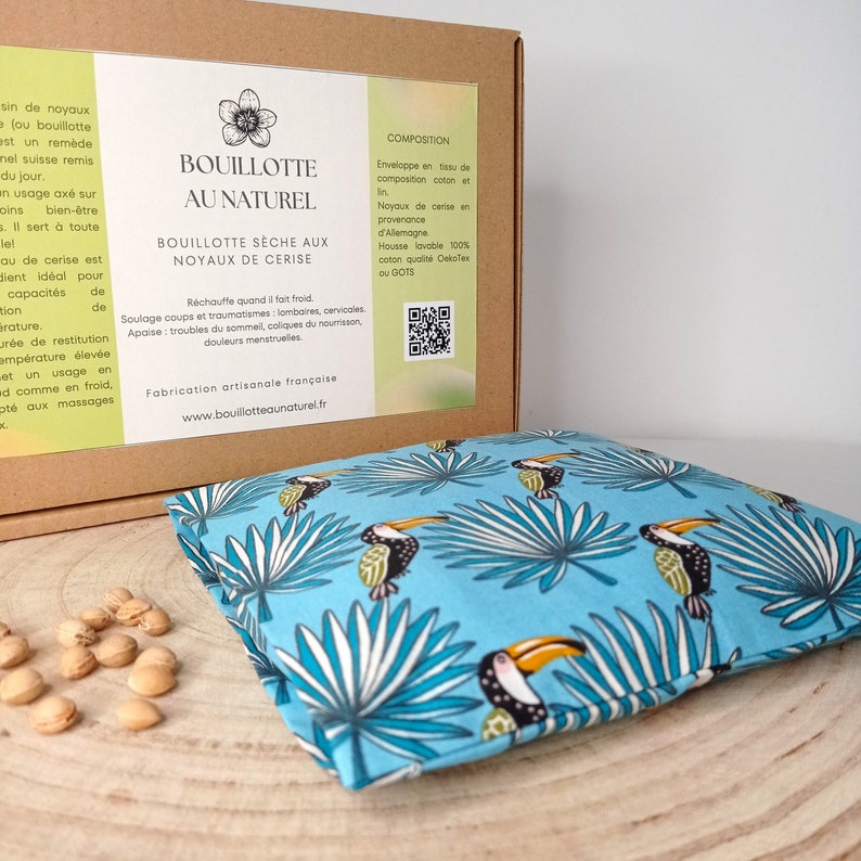 Dry hot water bottle with removable cover with LE GRAND BLEU cherry stones/ heating pad / relaxing cushion/ microwave hot water bottle toucan