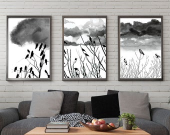 Roosting crows, Crow Art print set of 3 , Printable Wall Art, Black and white print,  Crow wall art , raven art print, animal bird art print