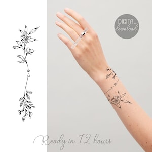 Custom Floral Tattoo with Initials, Wraparound Wrist Flower Tattoo Modern Design, Flower Line Art Black Ink Tattoo Commission