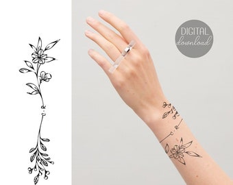 Benutzerdefinierte Blumen Tattoo mit Initialen, Rundum Handgelenk Blumen Tattoo modernes Design, Flower Line Art Black Ink Tattoo Commission