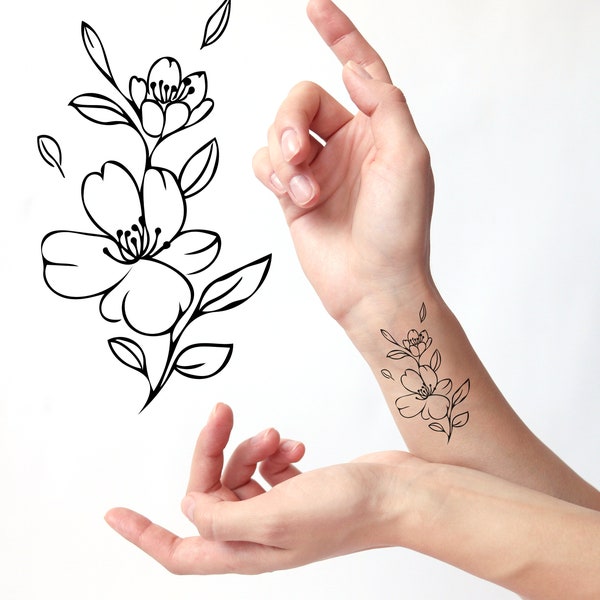 Tiny Dainty Cherry Blossom Floral Tattoo Design, Small Tattoo Commission, Line art modern minimalist feminine tattoo, Flower Tattoo Drawing