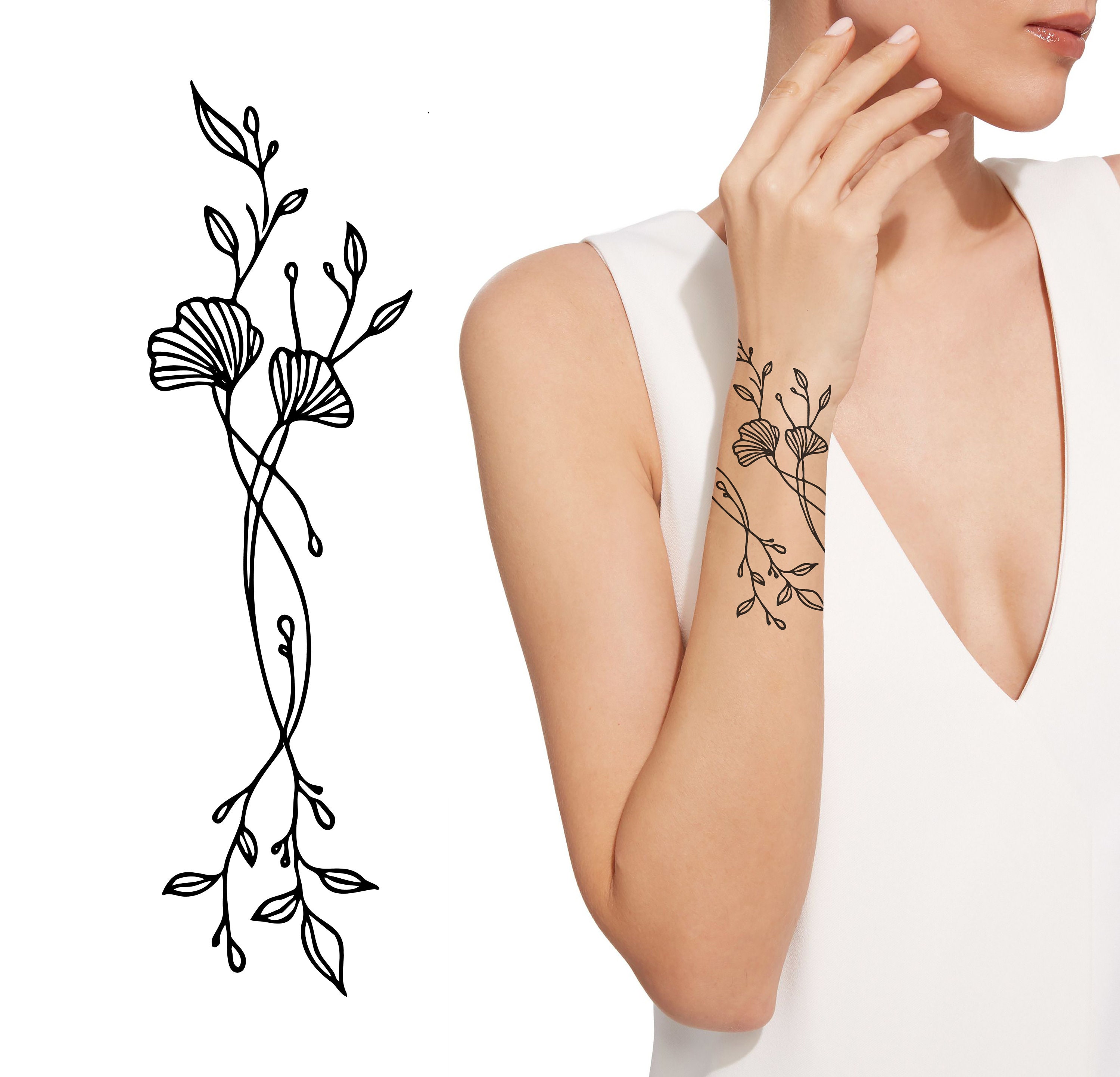 Wraparound Minimalist Floral Tattoo Design, Ginkgo Flower Black Ink