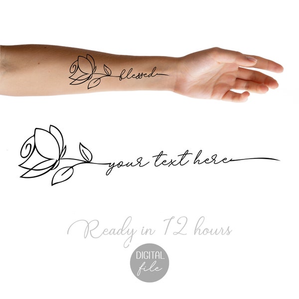Custom Rose Tattoo with Text, Line art Rose Tattoo Modern Design, Flower Line Art Black Ink Tattoo Commission Personalized, Tattoo Letters