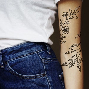 Blooming Flowers Wraparound Floral Tattoo Design, Flower Line Art Black Ink Tattoo Commission, Floral Wrist Tattoo Modern Stencil Body Art