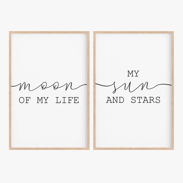 Moon of my life my sun and stars sign printable set of 2 gallery wall art, Minimalist black and white home decor, Beautiful words poster