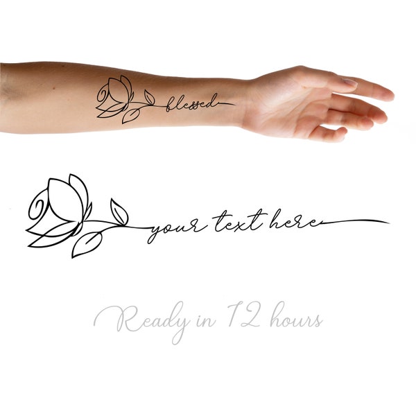 Tatouage rose personnalisé avec texte, dessin au trait rose tatouage design moderne, fleur dessin au trait à l'encre noire commission personnalisé, tatouage lettres