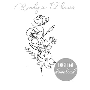 Custom Birth Flower Tattoo, DIGITAL DOWNLOAD, Birth Flower Family Bouquet, Personalized Flower Tattoo, Custom Family Line Art Tattoo