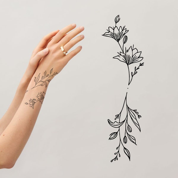 Conception de tatouage de poignet floral, petit tatouage, commission, dessin au trait moderne minimaliste floral féminin tatouage, dessin de tatouage floral élégant