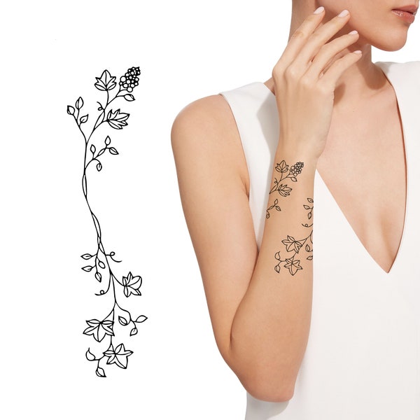 Conception de tatouage de vigne, petit tatouage cachemire, commission tatouages de fleurs, tatouage féminin, dessin de tatouage floral élégant, tatouage art corporel enveloppant