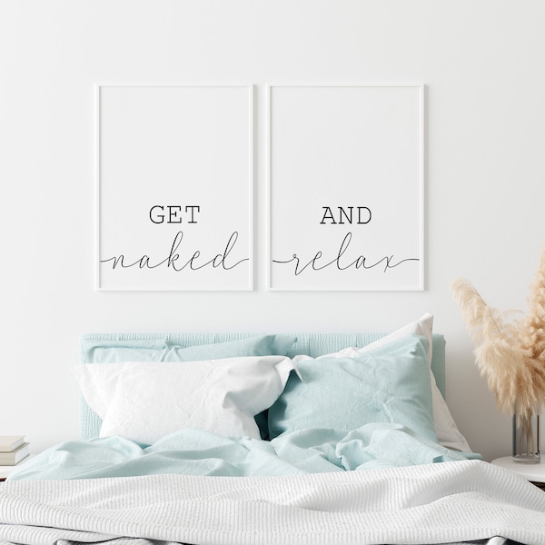 Get naked and relax printable sign, Gallery wall art set of 2 prints, Bedroom art, Printable wall art for family room decor, Digital art