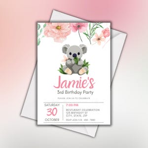 Editable 3rd Birthday Koala Birthday Invitation, INSTANT DOWNLOAD, Aussie Party, Digital File, Party Invite, birthday supplies