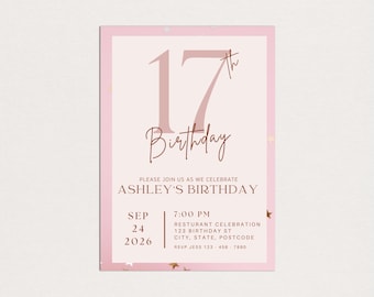 Pink 17th Birthday Invitation Template: Simple Printable (Canva Download)