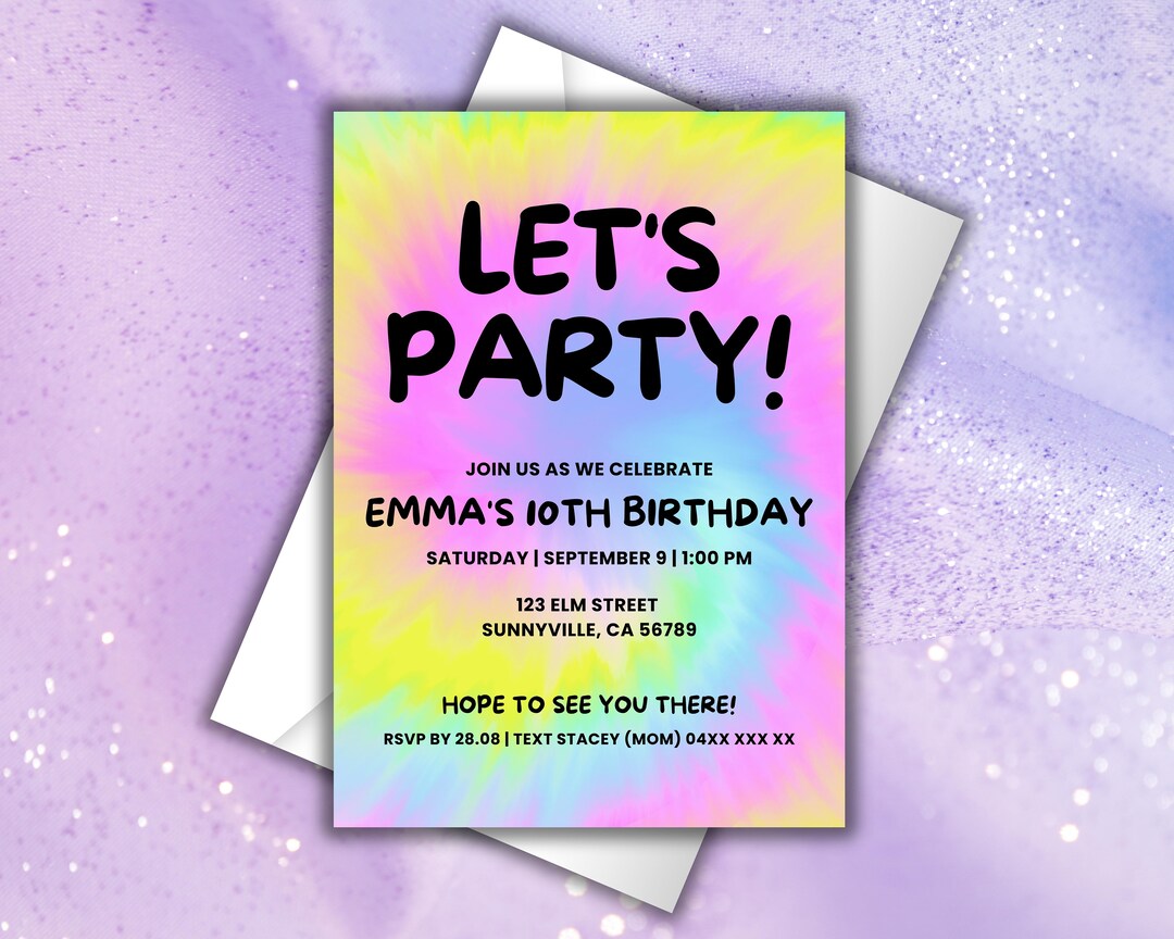 TIE DYE PARTY Invitation 10th Birthday Instant Download Rainbow Tie Dye ...