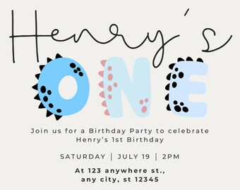 Dinosaur 1st Birthday Party Invitations: Blue & Almond Card
