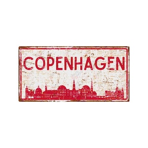 Panneau vintage Copenhagen Cityscape en aluminium - Art mural rouge rétro sur la ligne d'horizon du Danemark, décoration de voyage scandinave, plaque en métal rustique