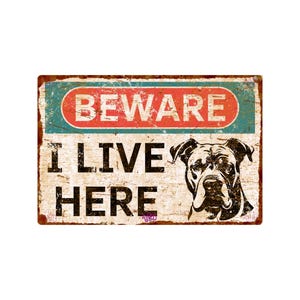 May include: A rectangular metal sign with a distressed finish. The sign features the words "BEWARE I LIVE HERE" in bold black letters. A Boxer dog illustration is on the right. The top border is red and blue.