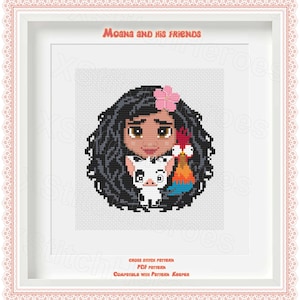 Moana and his friends Cross stitch pattern Polynesian Princess Cute animals Pua and Hei Hei Kids room decoration DIY Little Pets Cute heroes