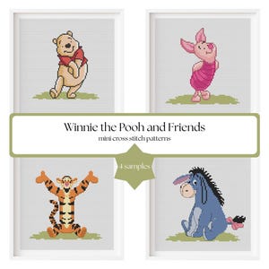 May include: Four framed cross-stitch patterns featuring Winnie the Pooh and Friends characters: Winnie the Pooh, Piglet, Tigger, and Eeyore. The patterns are displayed on a light gray background with a green base. The text "Winnie the Pooh and Friends" is displayed.