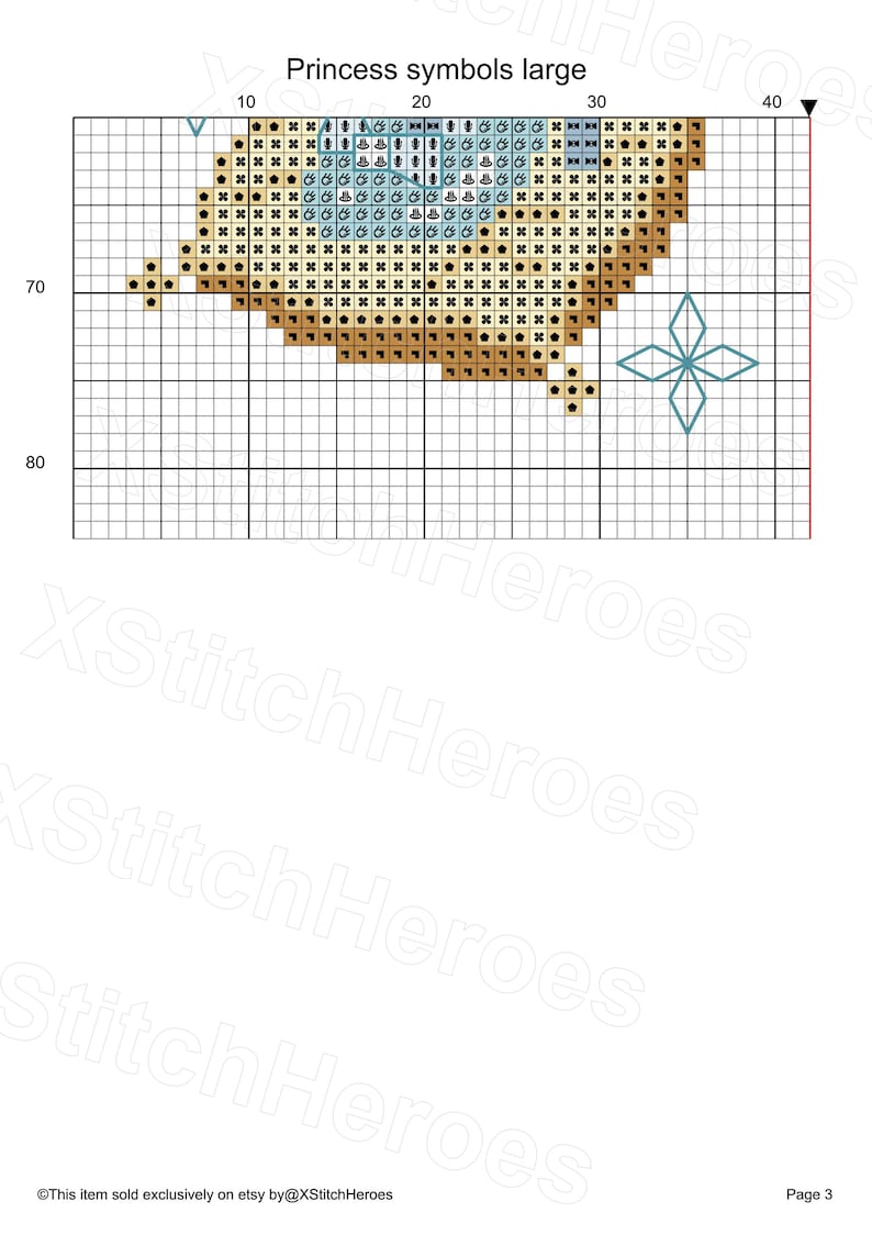 Peut inclure: Un diagramme de point de croix avec le texte "Princess symbols large". Le motif pr&eacute;sente une forme stylis&eacute;e dans des tons de marron, de bleu et de noir, ainsi qu'une &eacute;toile &agrave; quatre branches. Le diagramme est sur une grille.