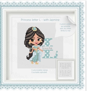 Letra L de Jasmine Patrón de punto de cruz Nombres personalizables Personajes de Jasmine Patrón de alfabeto personalizado Decoración de habitación de niños Regalos personales Guardería