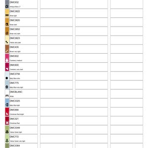 May include: A thread sorter chart labeled "Thread Sorter Evil symbols.chart". The chart includes a list of DMC thread colors with their corresponding numbers, such as DMC310 Black, DMC932 Antique Blue LT, and DMC3822 Straw light.