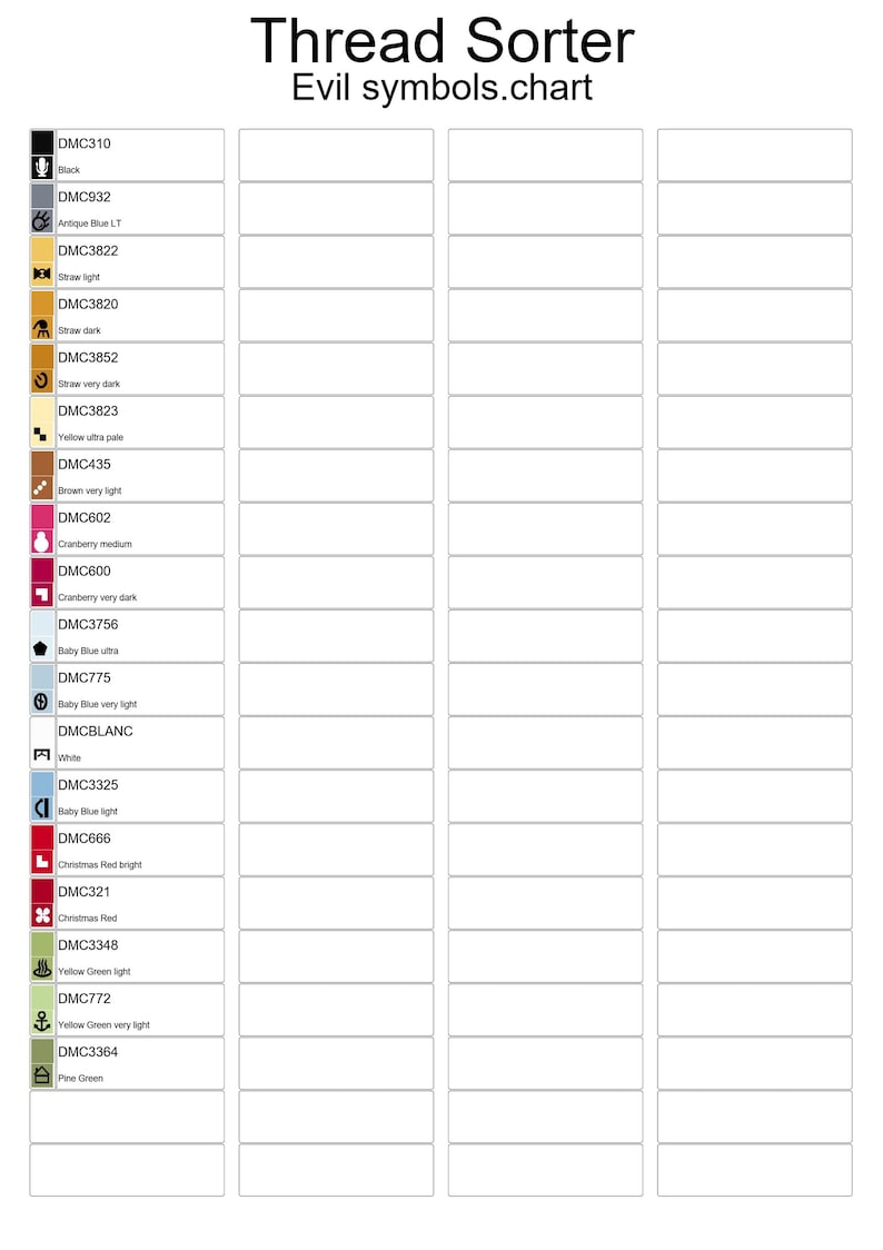May include: A thread sorter chart labeled "Thread Sorter Evil symbols.chart". The chart includes a list of DMC thread colors with their corresponding numbers, such as DMC310 Black, DMC932 Antique Blue LT, and DMC3822 Straw light.