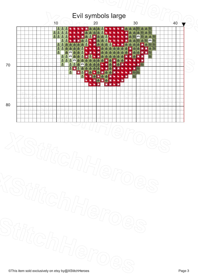 May include: Cross-stitch pattern chart titled "Evil symbols large." The design features a heart-shaped pattern in red and green, with various symbols. The chart is on a grid, with the XStitchHeroes logo at the bottom.