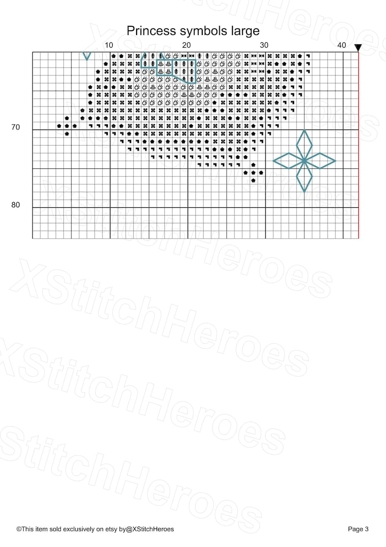Peut inclure: Diagramme de point de croix intitul&eacute; "Princess symbols large". Le motif pr&eacute;sente une grille avec divers symboles, dont une couronne, une &eacute;toile et d'autres formes. La palette de couleurs comprend le noir, le sarcelle et le blanc.