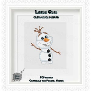 May include: A cross stitch pattern featuring a cartoon image of Olaf from the movie Frozen. The pattern is titled "Little Olaf" and is compatible with Pattern Keeper.