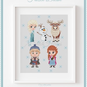 May include: Cross stitch pattern featuring Frozen characters: Elsa, Anna, Olaf, and Sven the reindeer. The pattern is titled "Frozen Dream" and is compatible with Pattern Keeper.