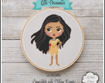 May include: Cross stitch pattern of a cartoon Pocahontas with long black hair, wearing a brown and yellow dress, and a red and brown bracelet. The pattern is compatible with Pattern Keeper. The text "Little Pocahontas" is above the image and "Cross stitch pattern" and "Compatible with Pattern Keeper" are below the image.