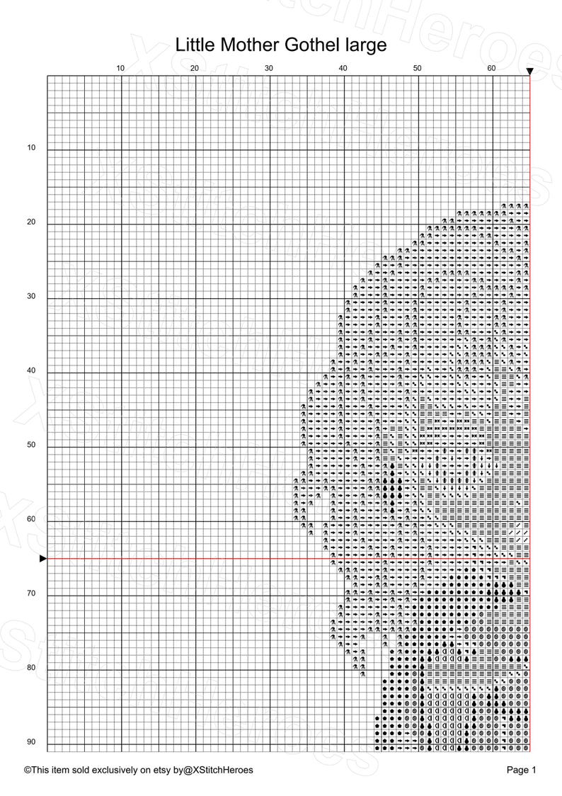 May include: Cross-stitch pattern chart titled "Little Mother Gothel large." The design is rendered in black and white symbols on a grid. The text "This item sold exclusively on etsy by @XStitchHeroes" is at the bottom, along with "Page 1."